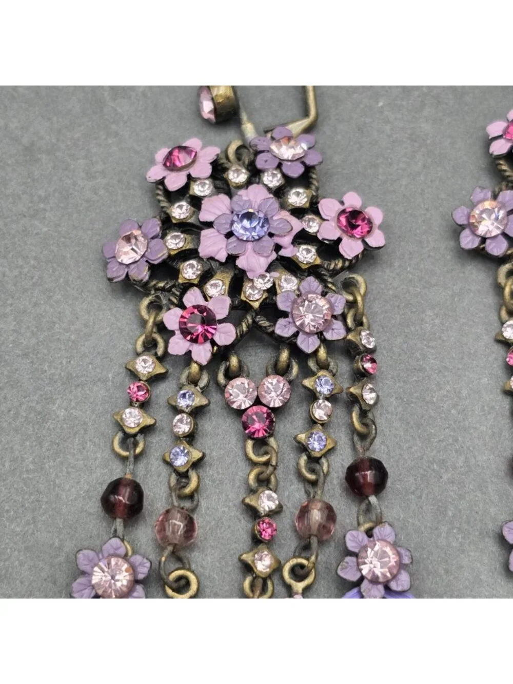 Vintage Michal Negrin Brass Dangle Earrings 4.75" Pastel Floral Crystal Drop - Picture 3 of 11